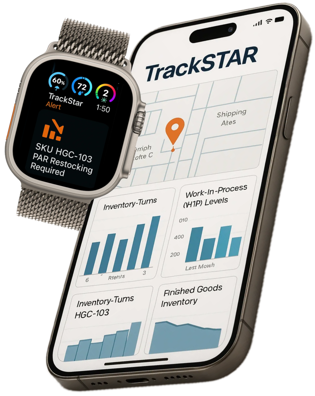 TrackStar App Interface on iPhone and Apple Watch